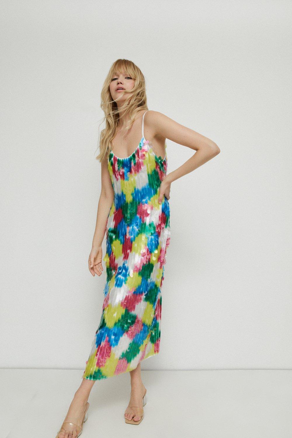 Womens Rainbow Sequin Midi Slip Dress - multi