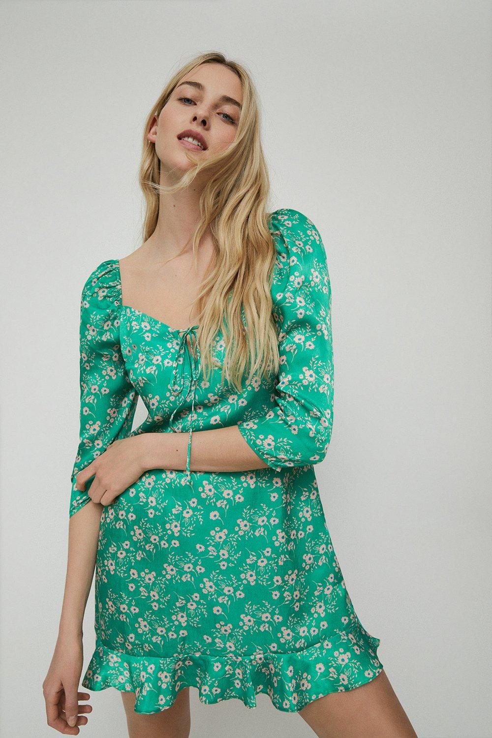 Womens Puff Sleeve Mini Dress In Floral - green
