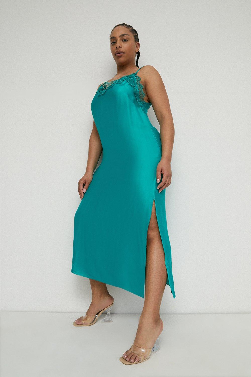 Womens Plus Size Satin Lace Cami Dress - green