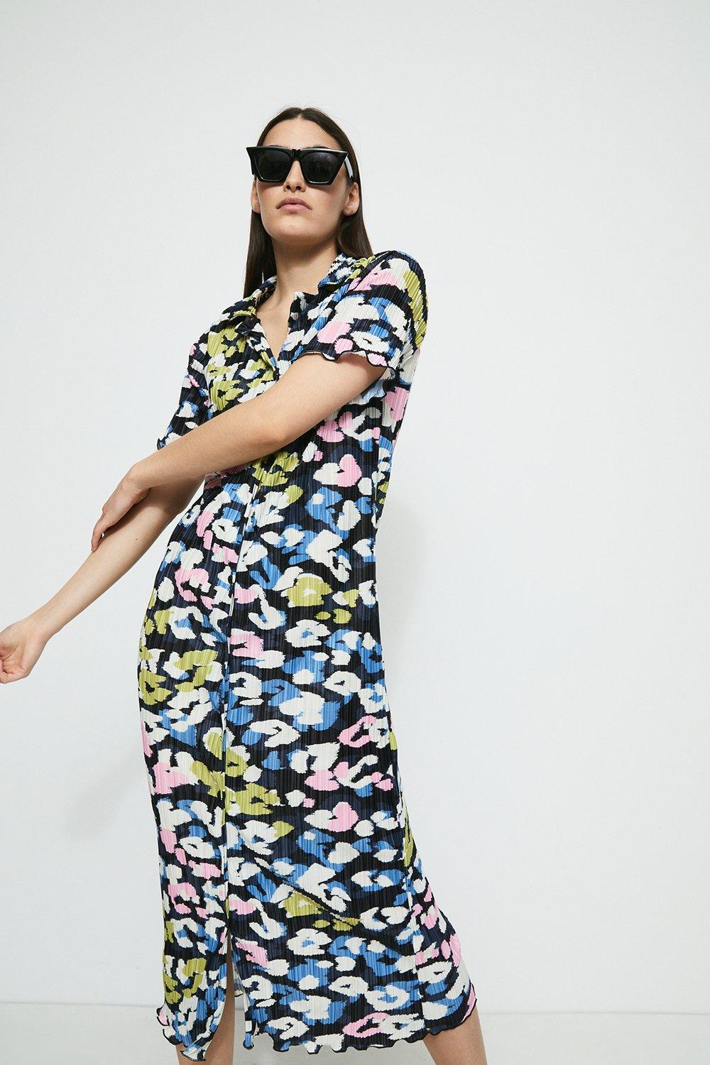 Womens Animal Printed Plisse Shirt Dress
