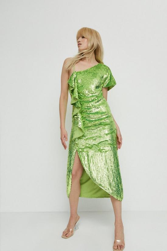Warehouse Sequin Asymmetric Ruched Midi Dress 1