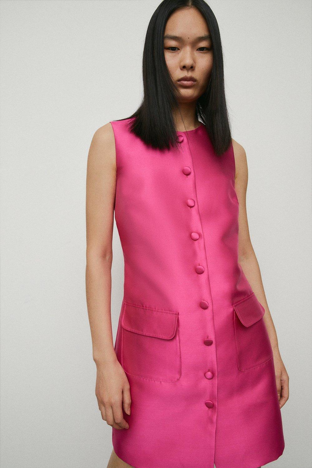 Womens Button Through Satin Twill Shift Dress - pink