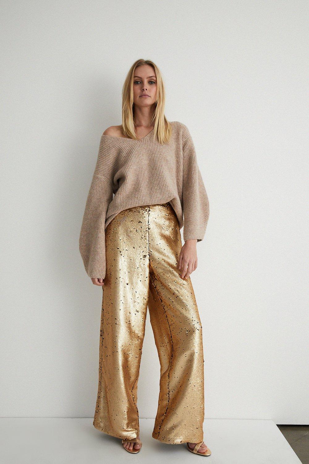 Womens Sequin Wide Leg Trousers - gold