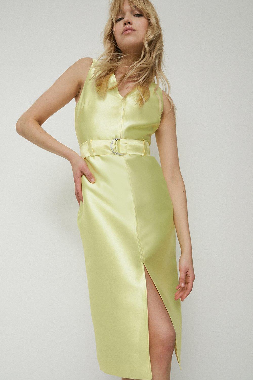 Womens Satin Twill Belted Pencil Dress - yellow