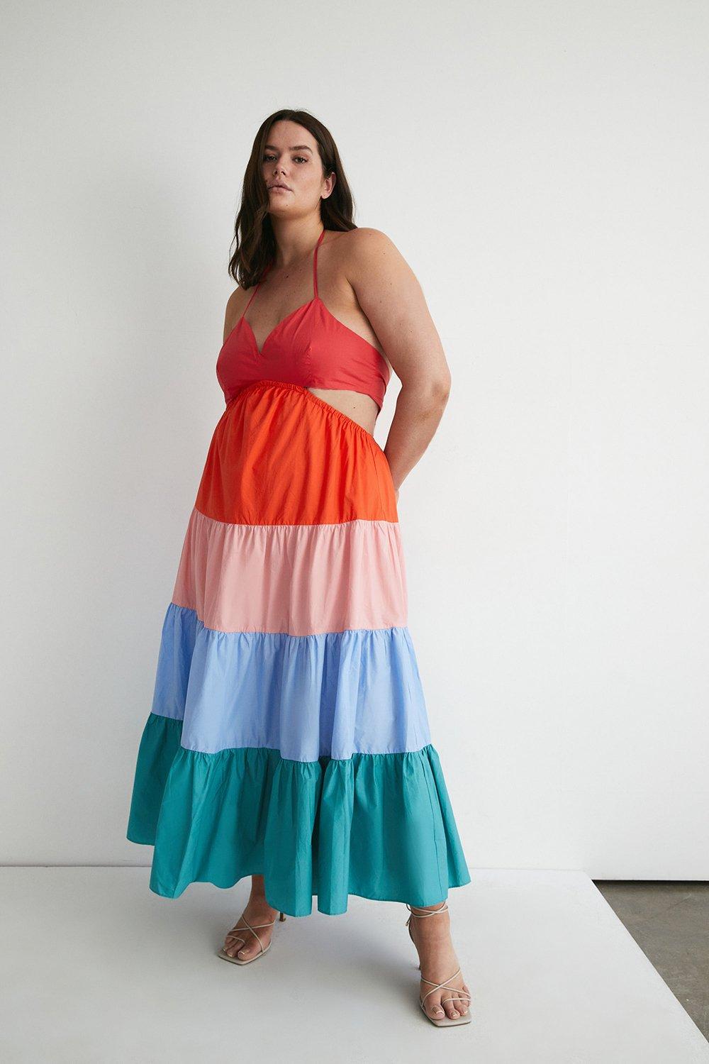 Womens Plus Size Rainbow Strappy Maxi Dress - multi