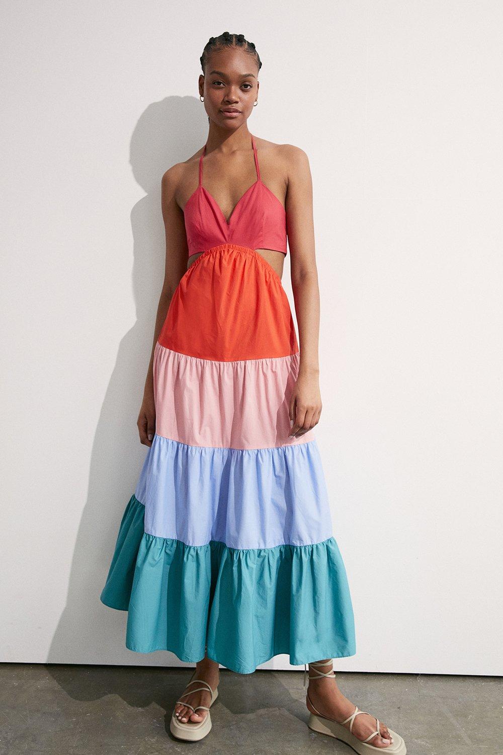 Womens Petite Rainbow Strappy Maxi Dress - multi