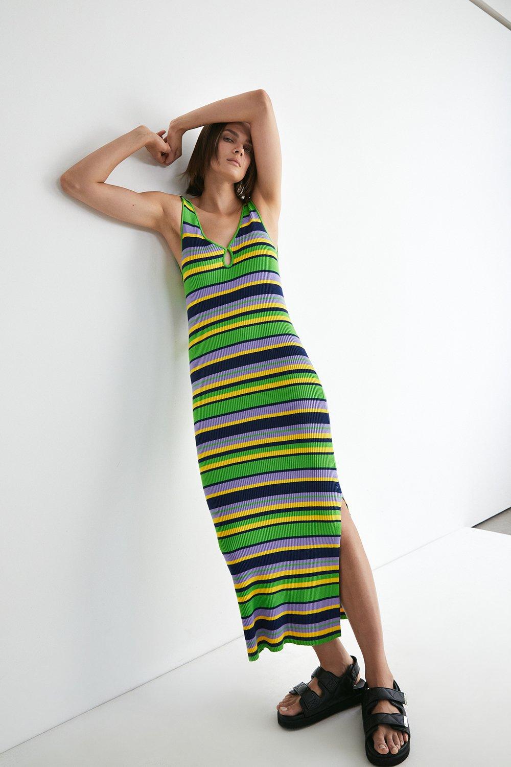 Womens Multi Stripe Ribbed Knit Midi Dress