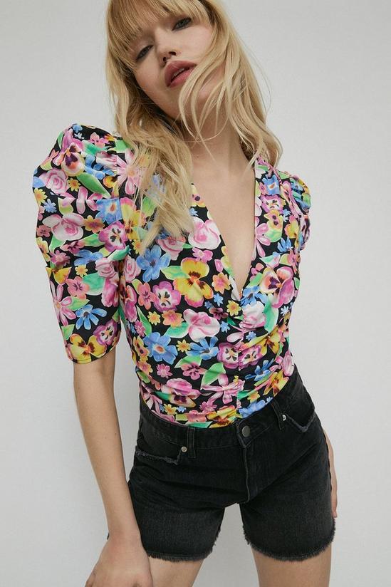 Warehouse Cotton Floral Ruched Puff Sleeve Top 1