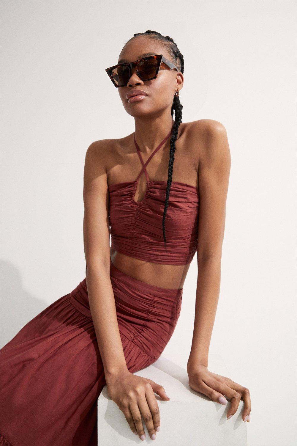 Womens Voile Ruched Strappy Crop Top - chocolate