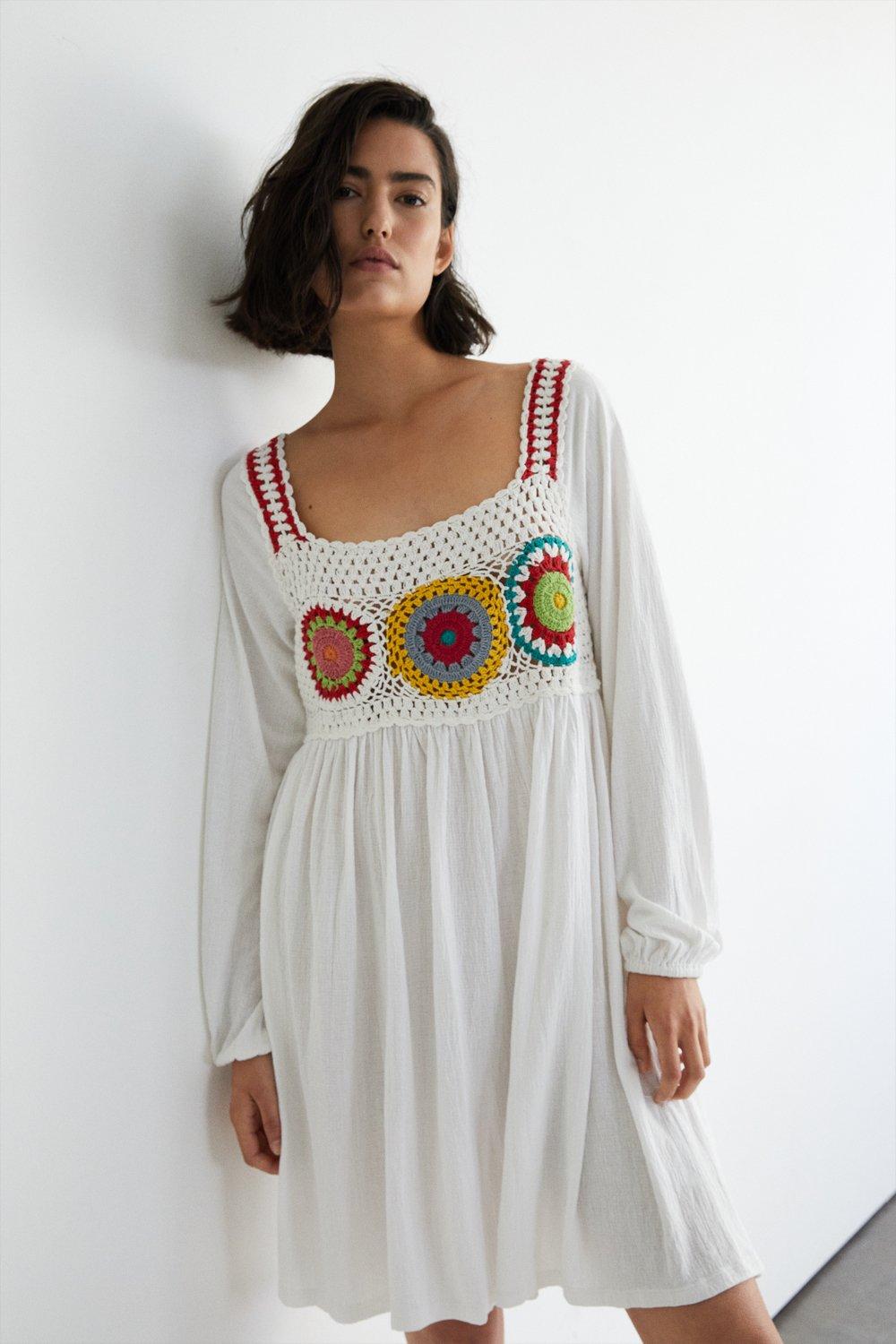 Womens Crochet Long Sleeve Mini Dress - white