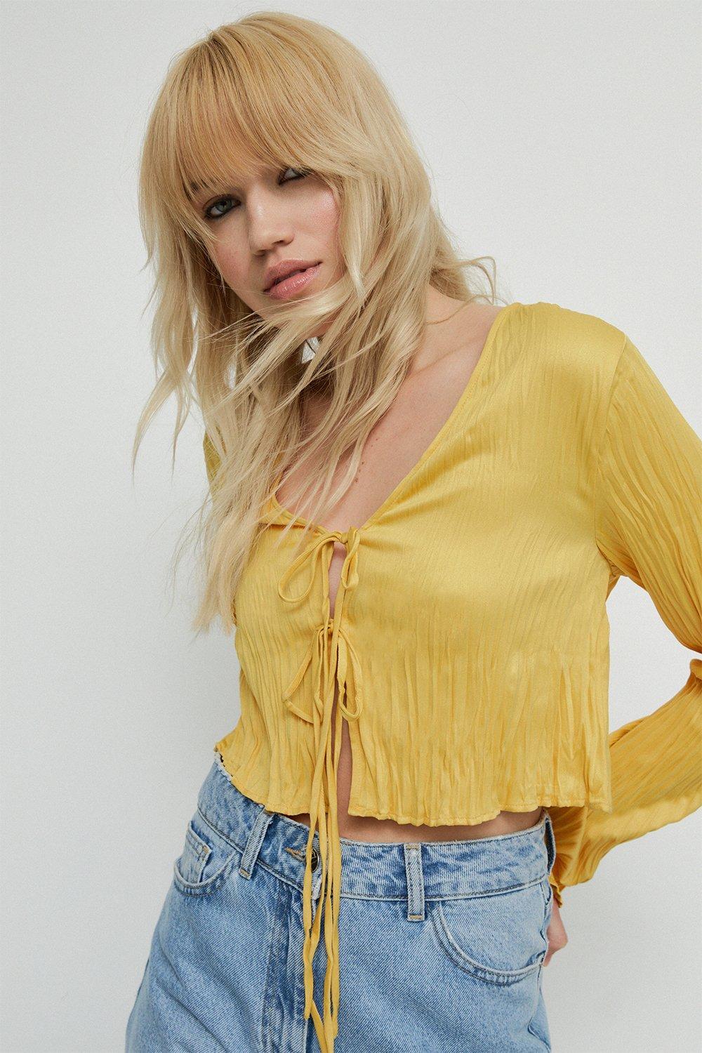 Womens Crinkled Satin Tie Blouse Coord - yellow