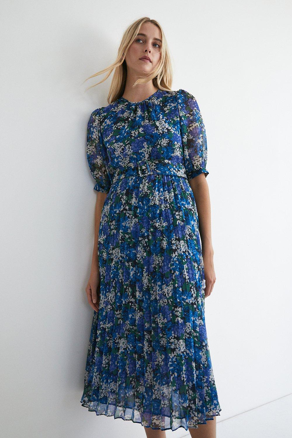 Womens Polyester Floral Belted Midi Dress - blue