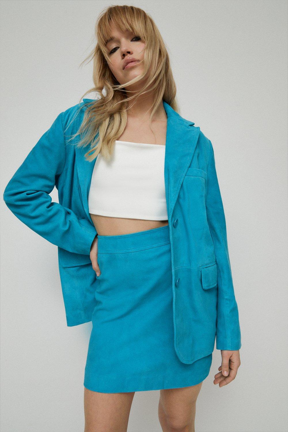 Womens Real Suede Single Breasted Blazer - turquoise