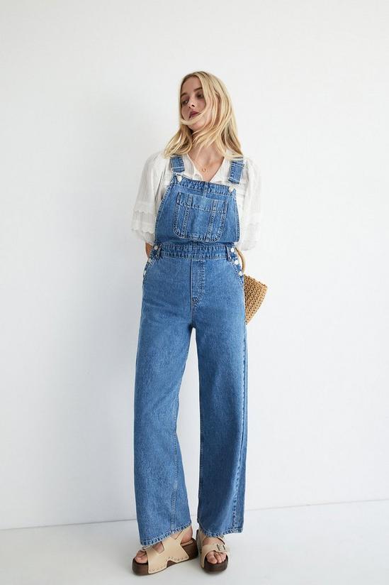 Warehouse Petite Denim Relaxed Wide Leg Dungarees 1