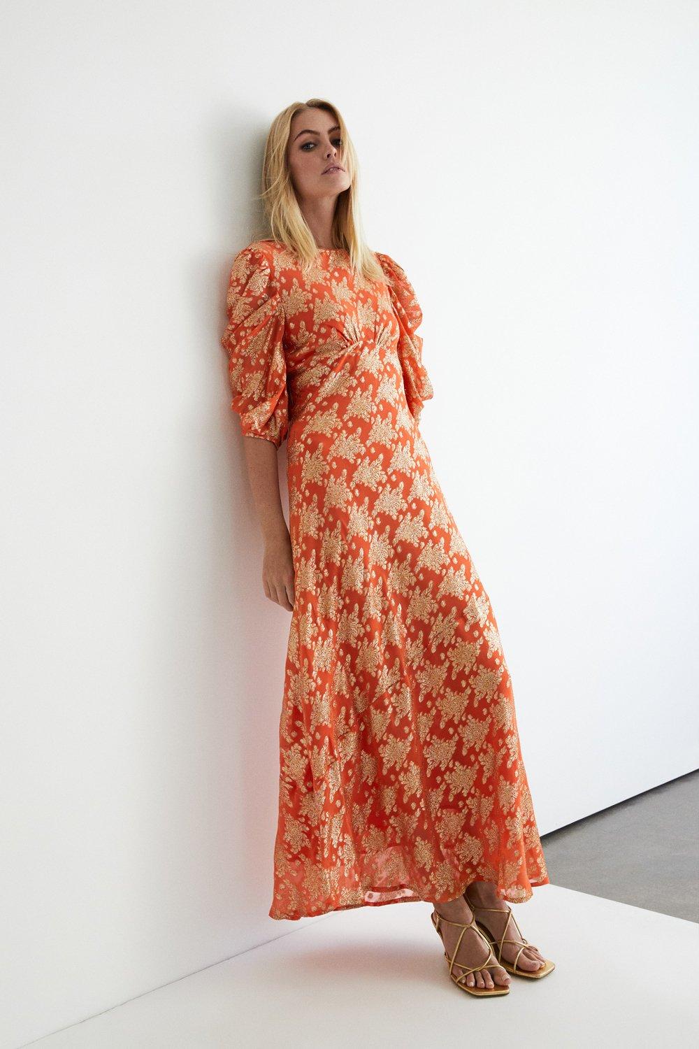 Womens Sparkle Jacquard Midi Dress - rust