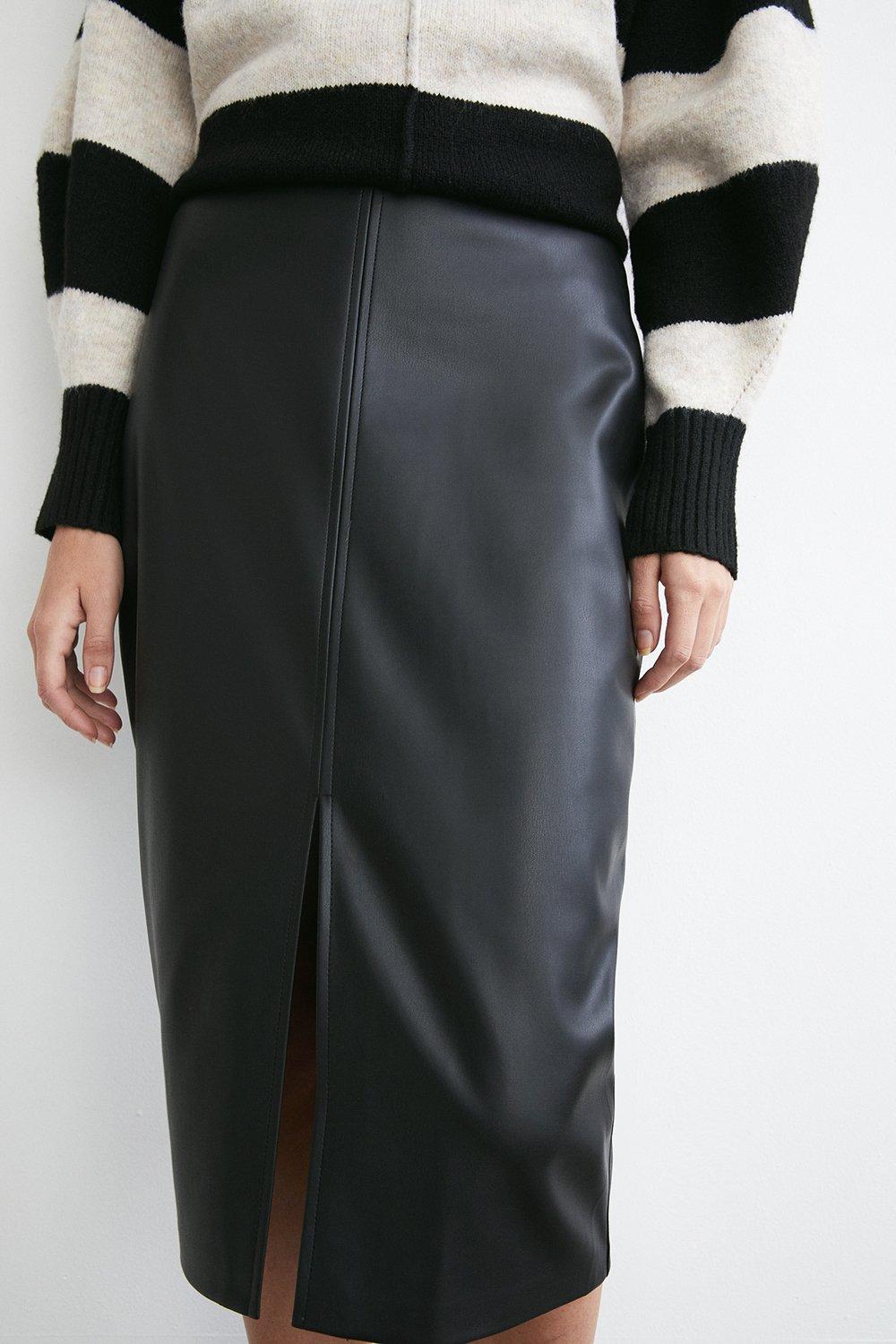 Warehouse black faux 2025 leather pencil skirt