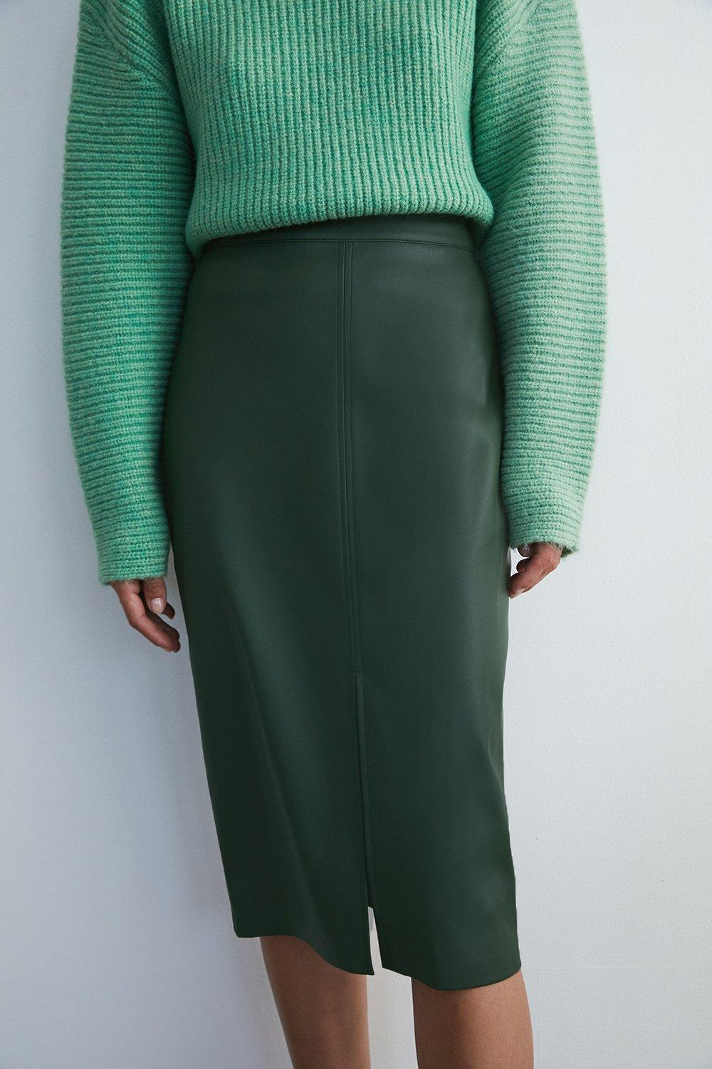 Womens Split Front Faux Leather Pencil Skirt - dark green