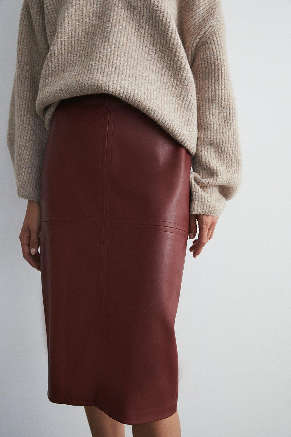 Womens Easy Faux Leather Pencil Skirt - dark red