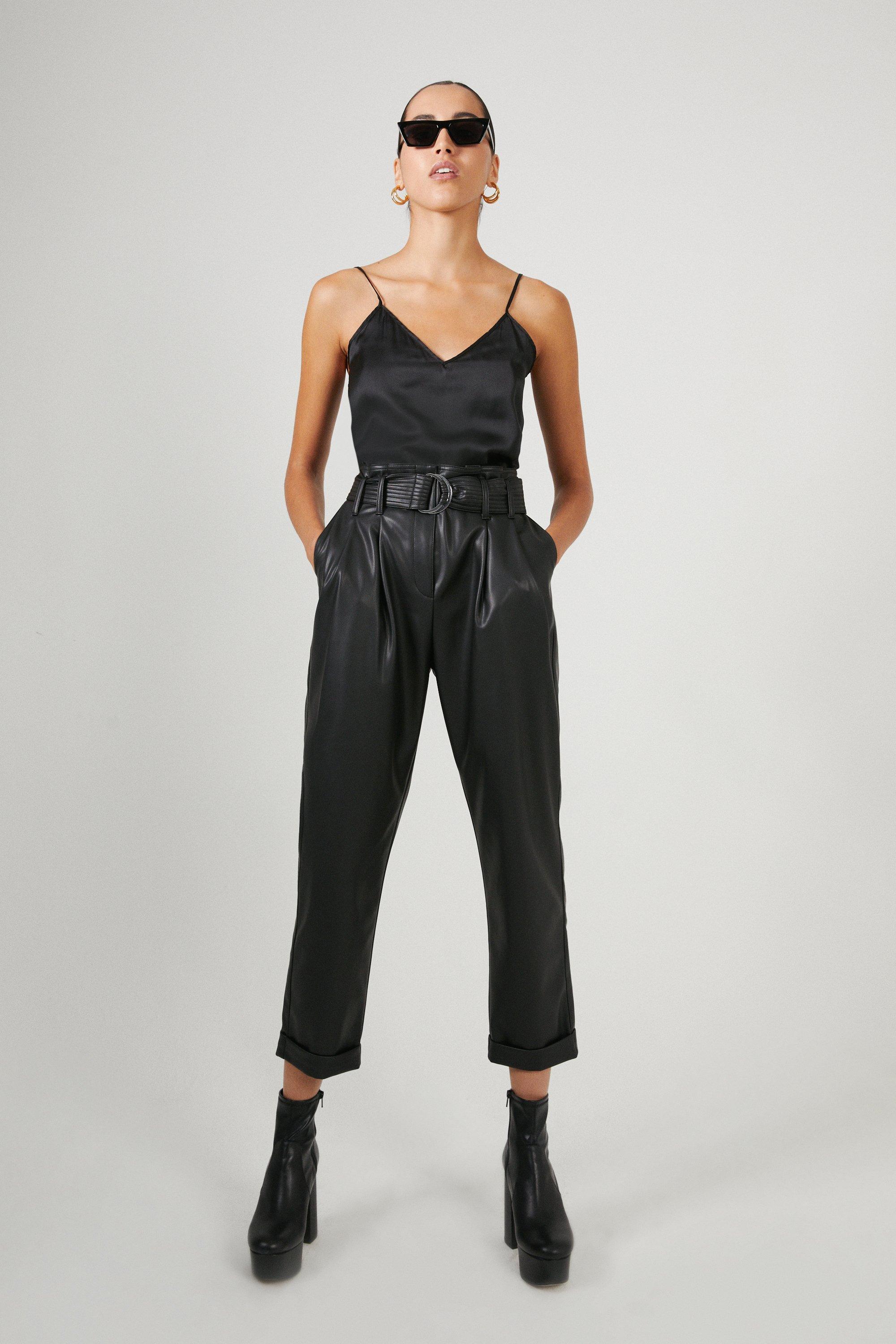 Womens Belted Faux Leather Peg Trousers - black