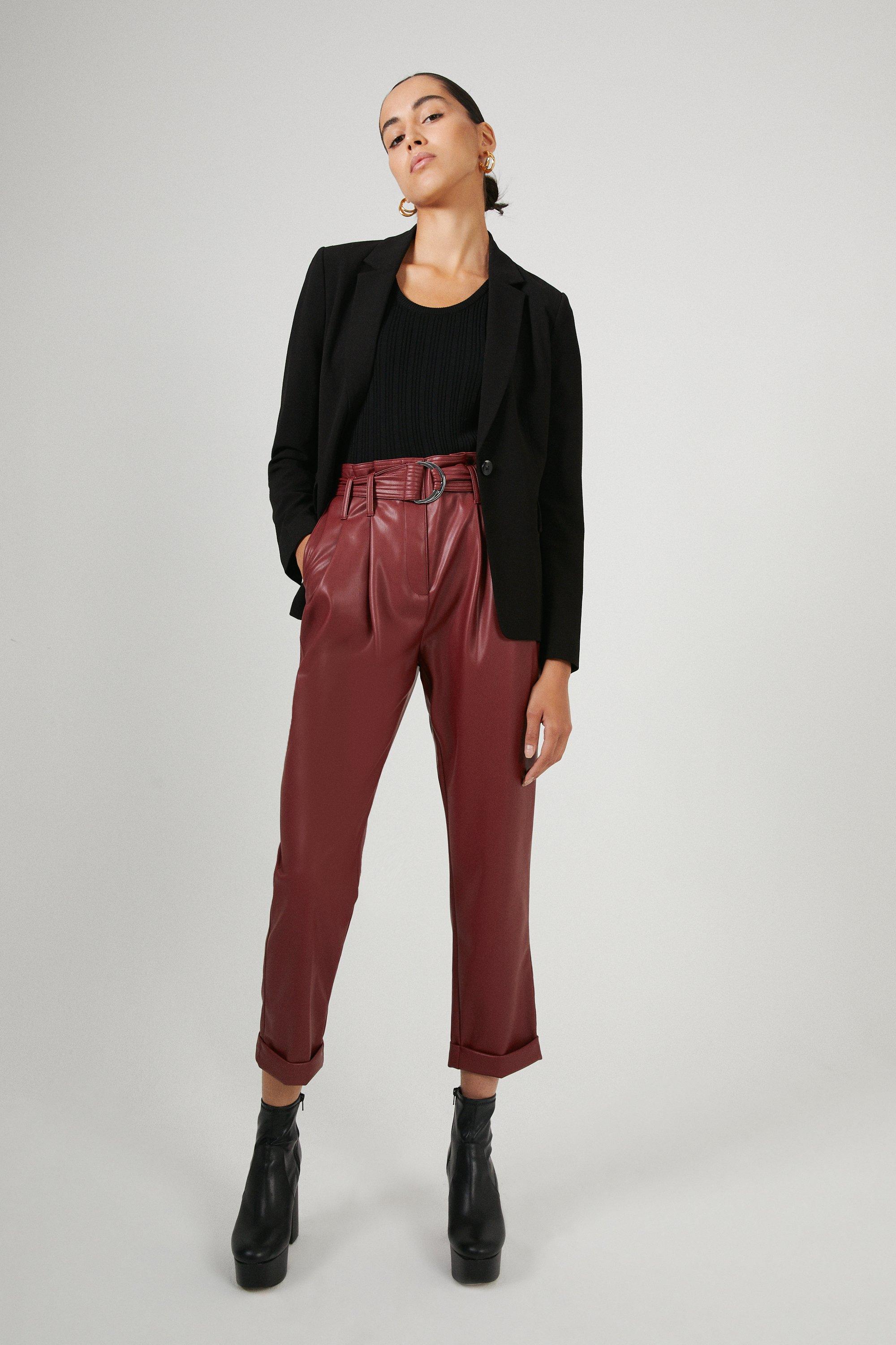Womens Belted Faux Leather Peg Trousers - dark red