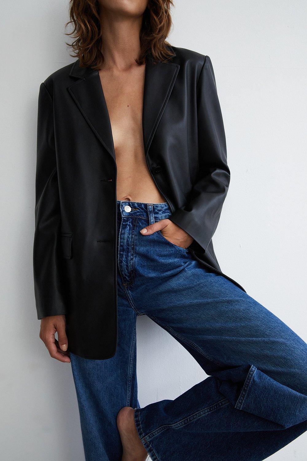 Womens Single Breasted Modern Faux Leather Blazer - black