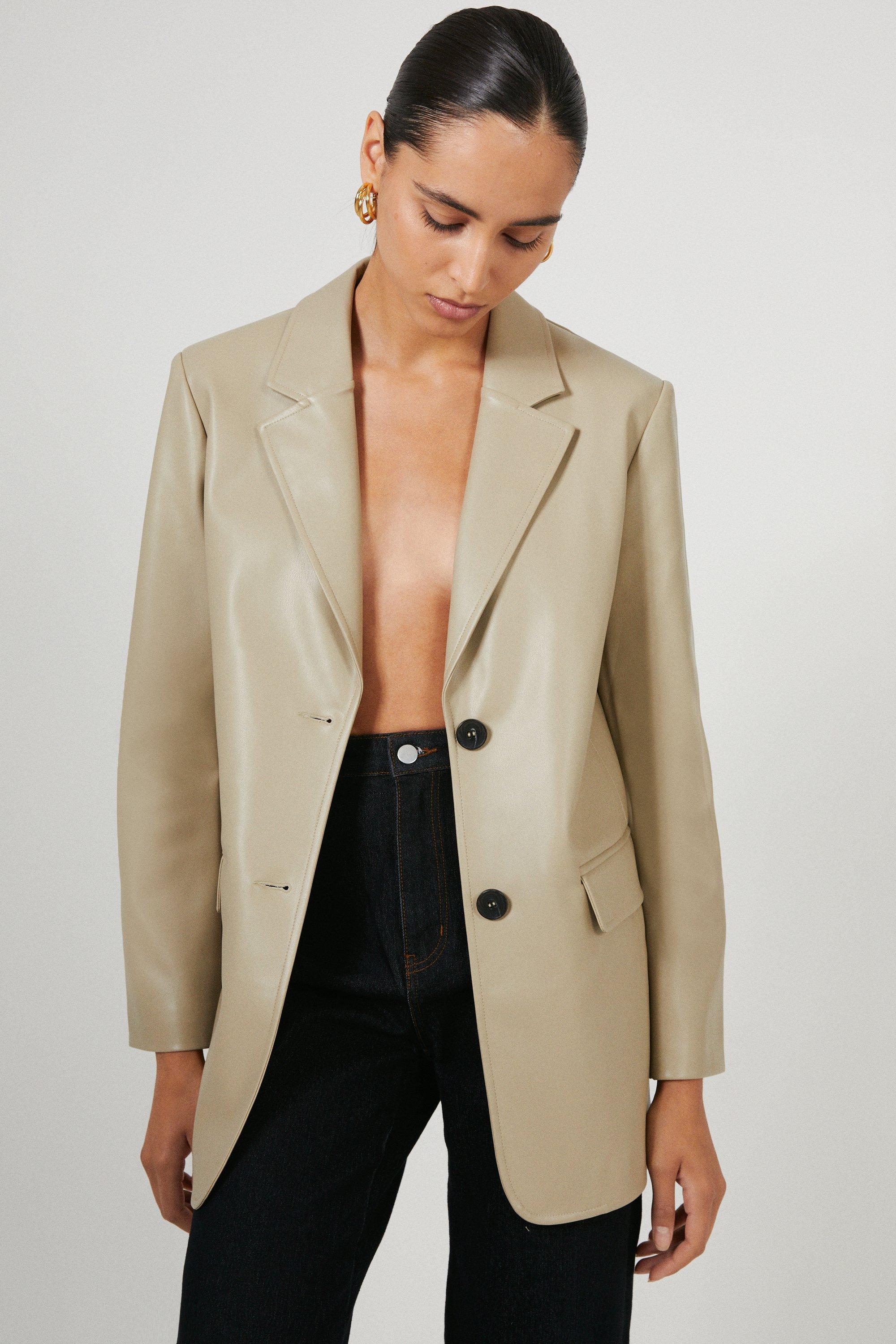 Womens Single Breasted Modern Faux Leather Blazer - neutral