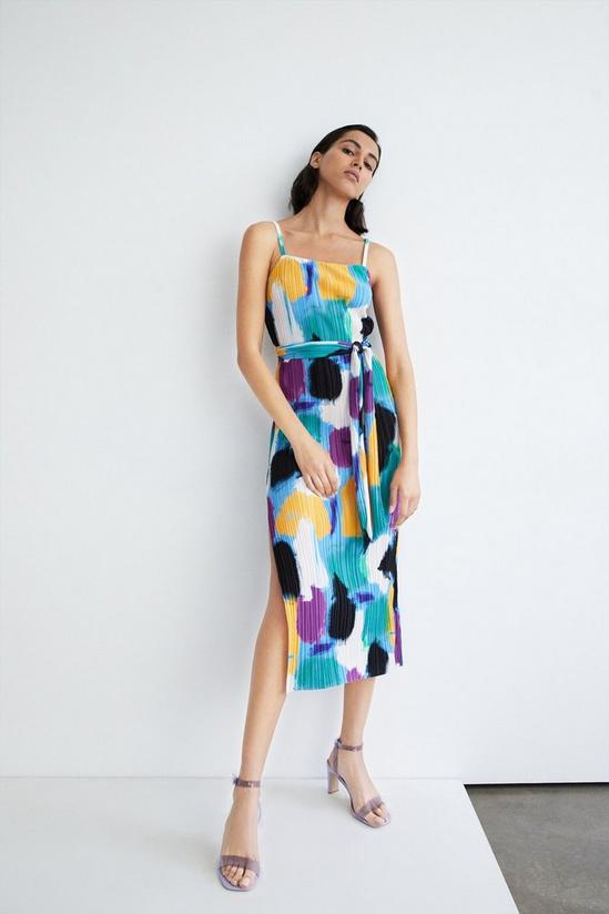 Warehouse Abstract Print Plisse Tie Waist Cami Midi Dress 1