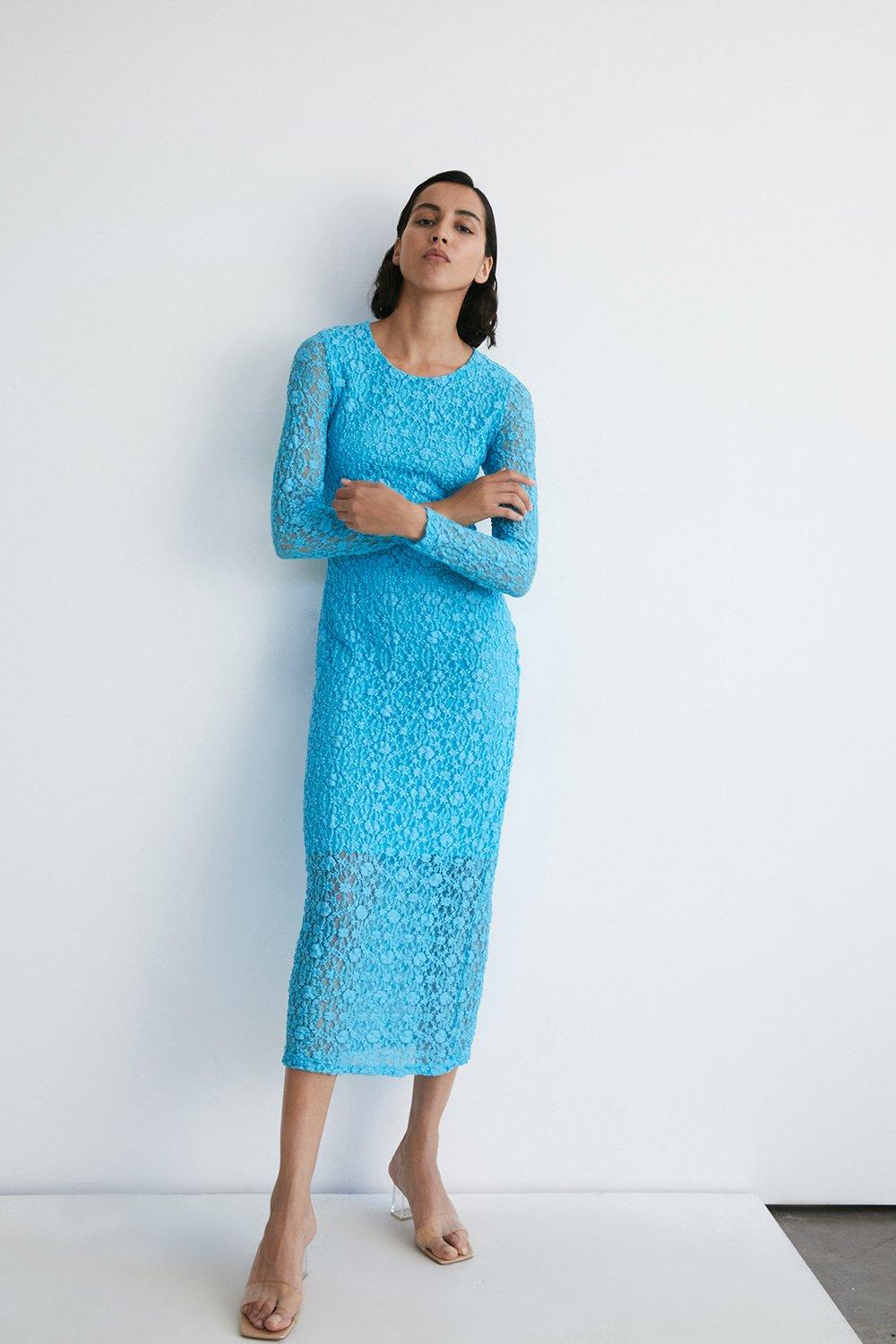 Womens Petite Long Sleeve Lace Cut Out Midi Dress - blue
