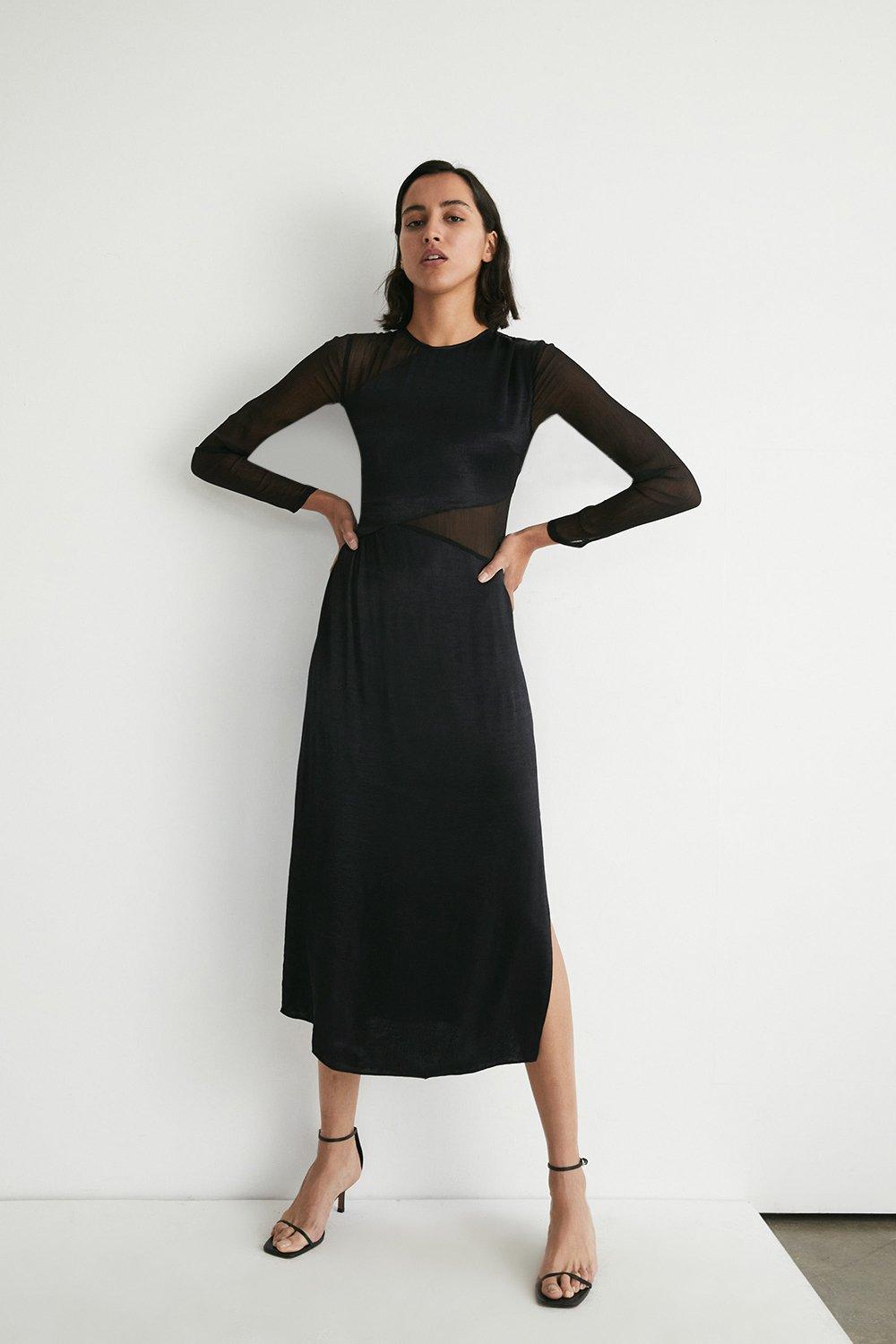 Womens Sheer Mix Midi Dress - black