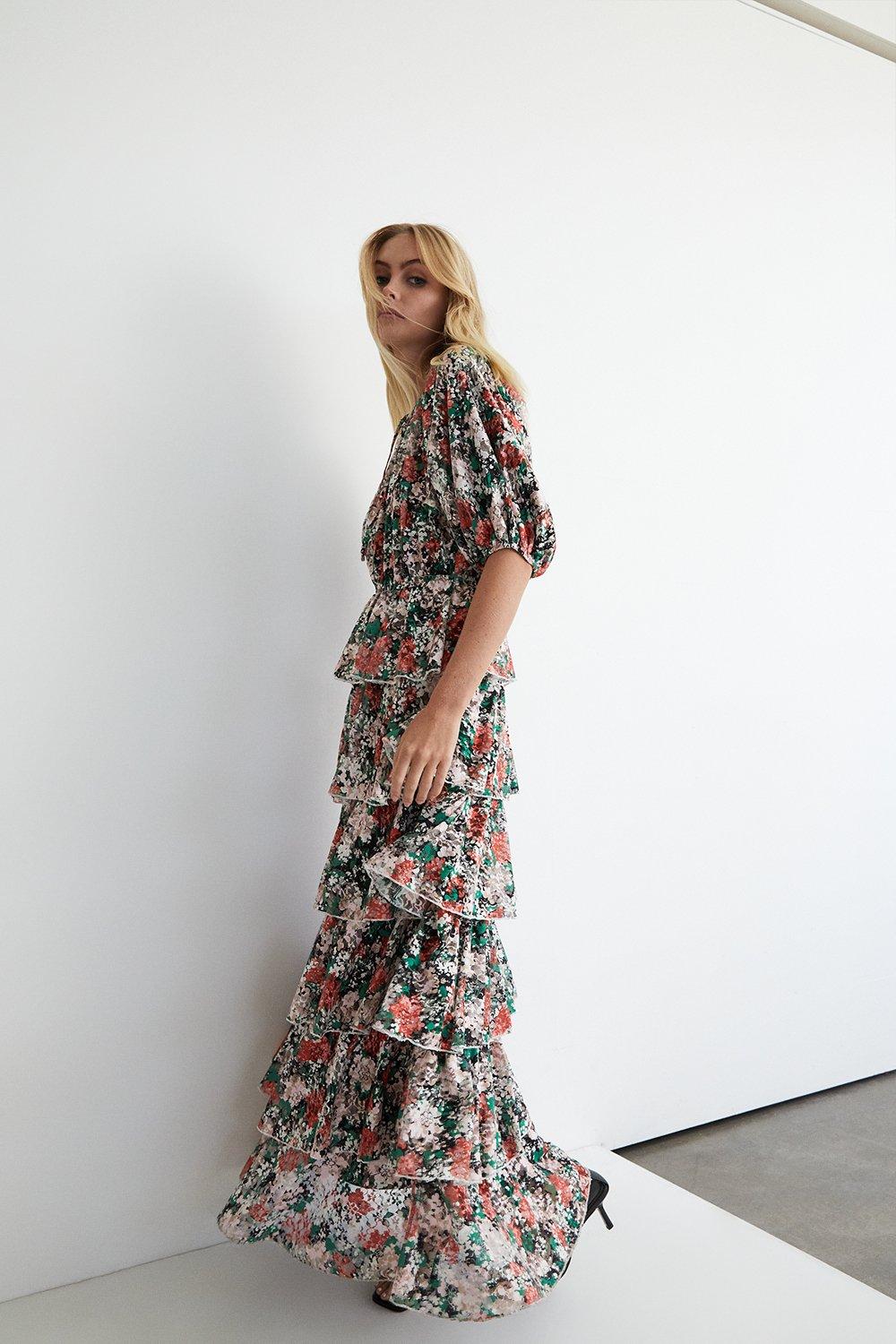Womens Floral Print Lace Midi Dress - multi