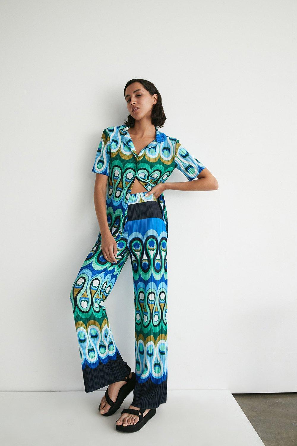 Womens Printed Plisse Trouser Coord - blue