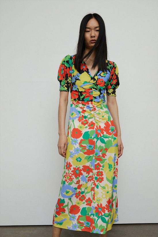 Warehouse Floral Mixed Print Ruched Front Midi Dress 1