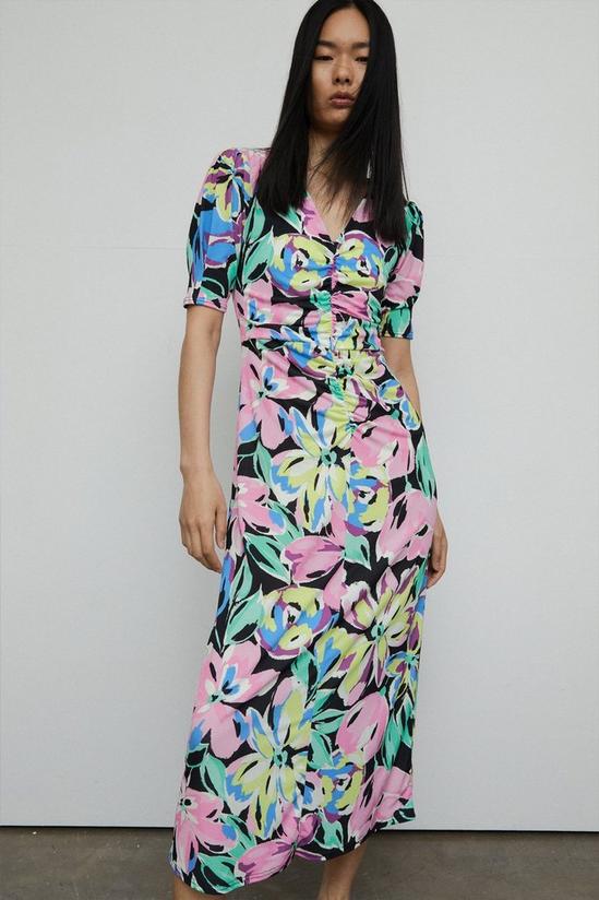 Warehouse Floral Print Ruched Front Midi Dress 1