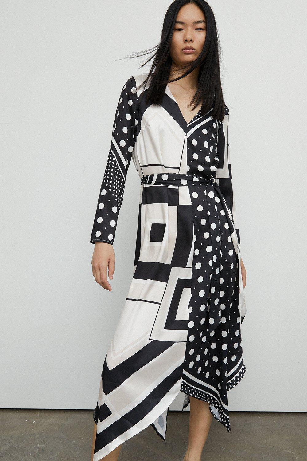 Womens Placement Print Belted Midi Dress - mono