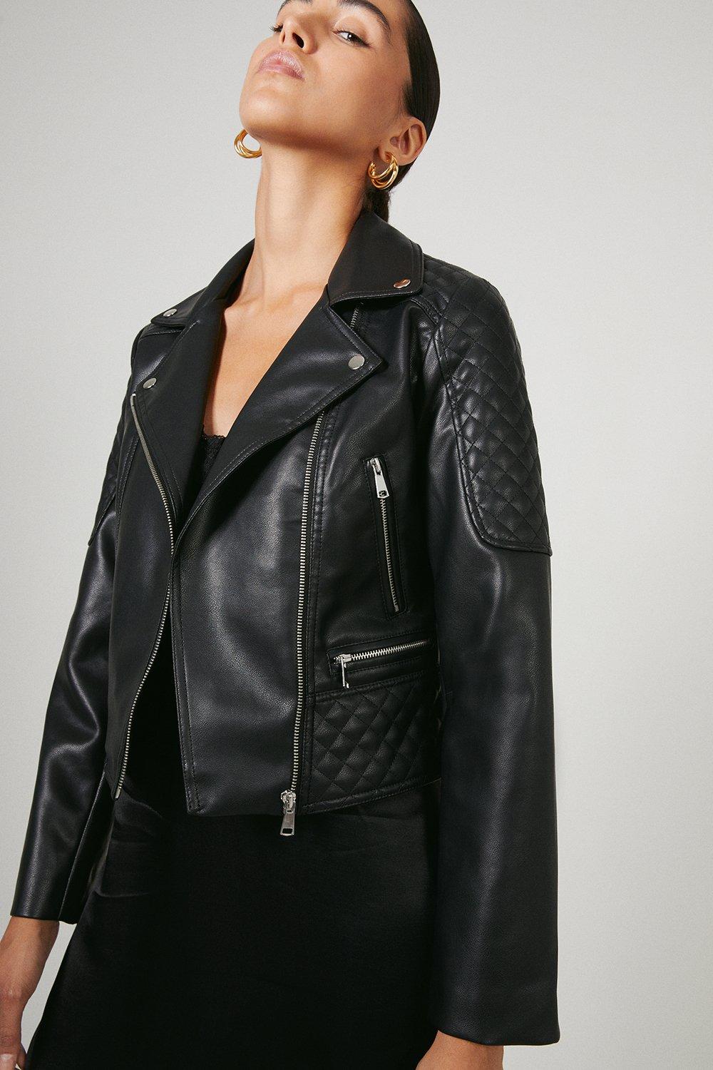 Womens Faux Leather Quilted Shoulder Biker Jacket - black