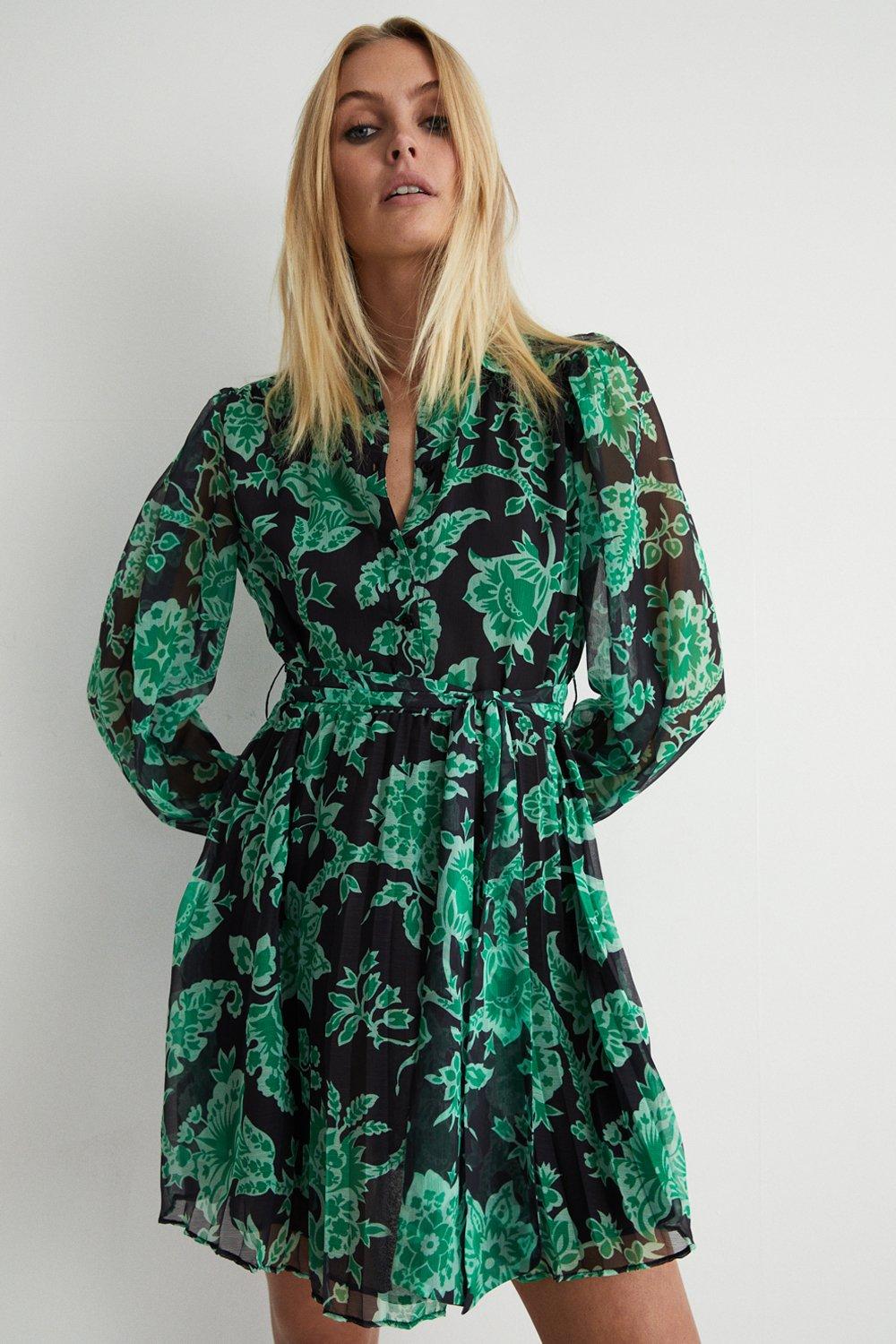 Womens Floral Belted Pleated Mini Shirt Dress - green