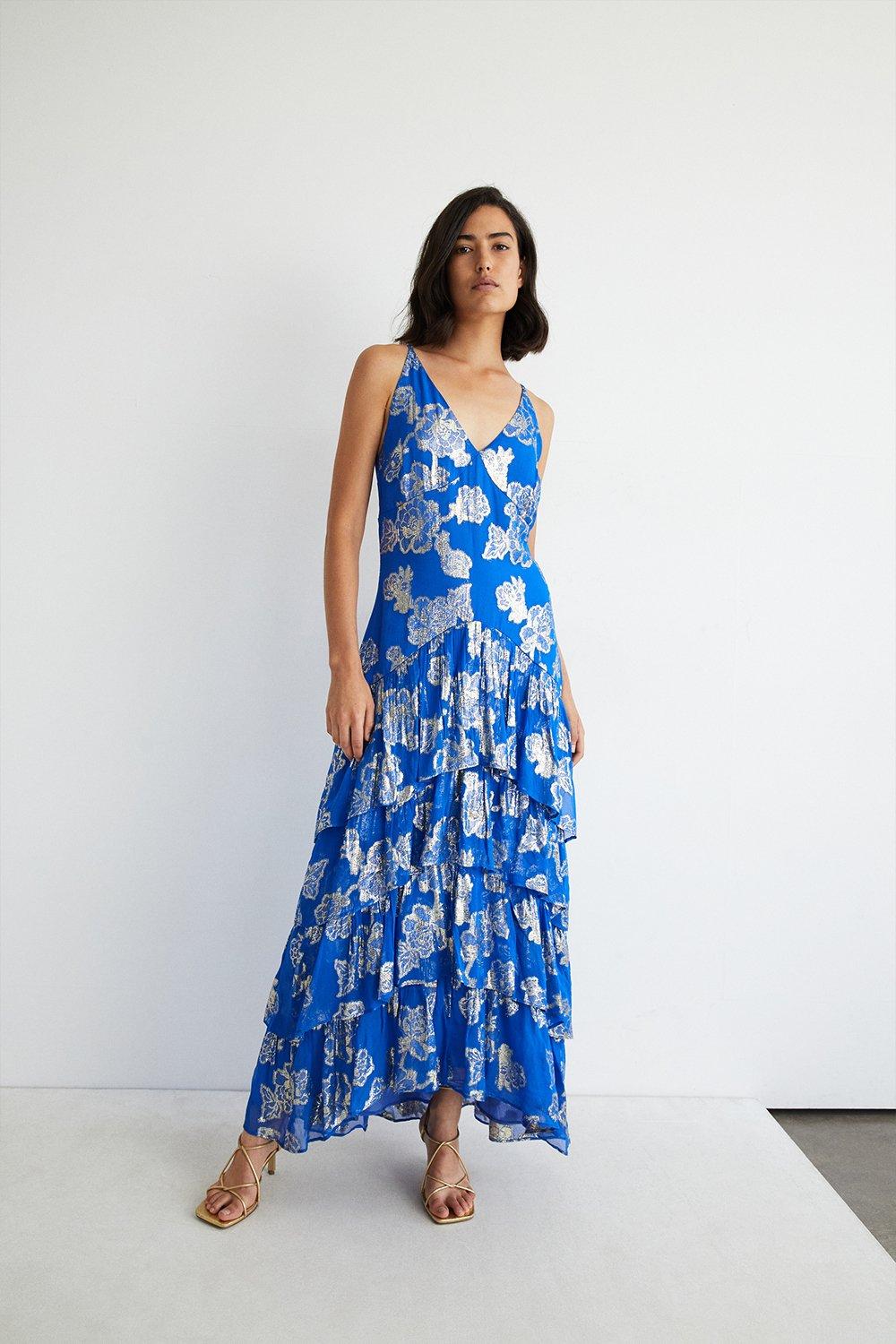 Womens Sparkle Jacquard Ruffle Maxi Dress - blue