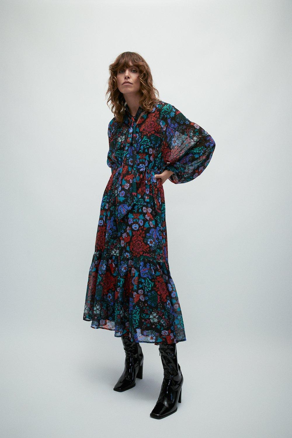 Womens WH x William Morris Society Mix Print Tie Neck Belted Maxi Dress - multi