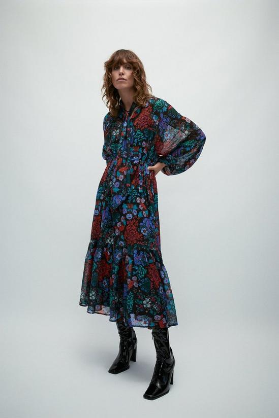 Warehouse WH x William Morris Society Mix Print Tie Neck Belted Maxi Dress 1