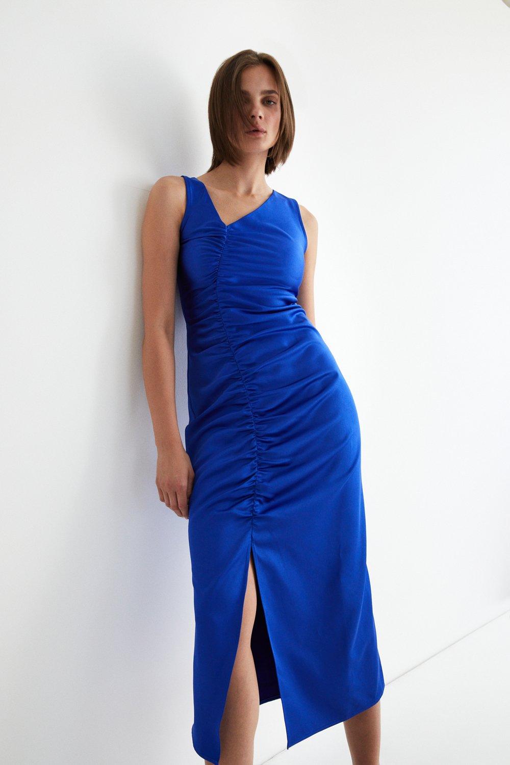 Womens Ruched Midi Dress - cobalt