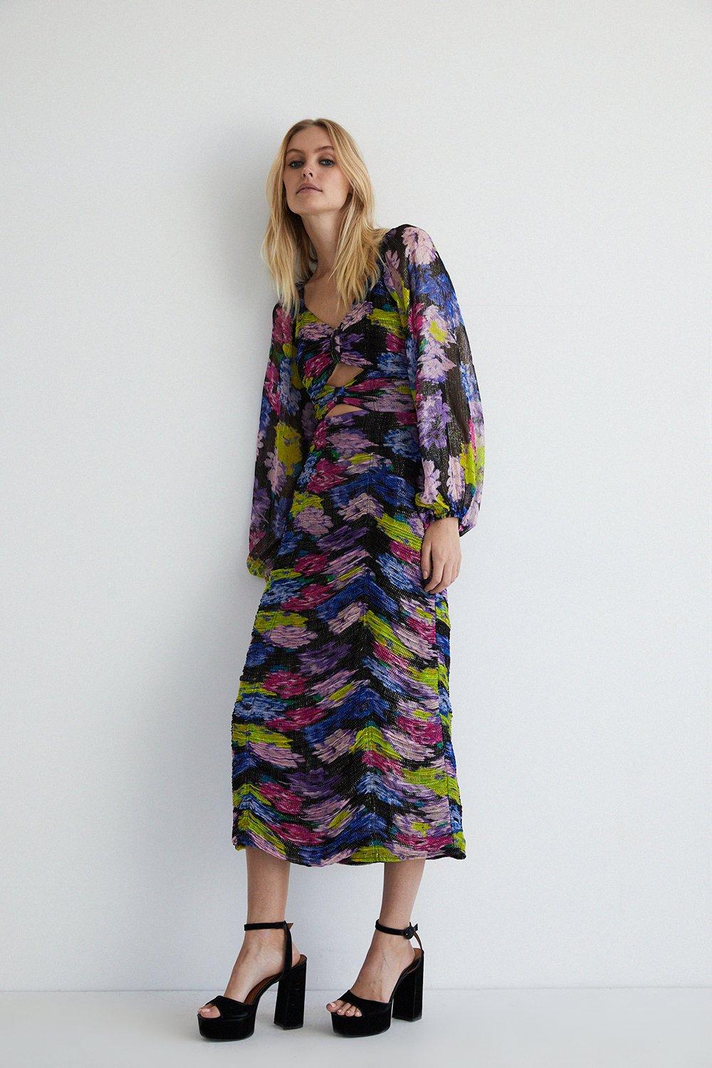 Womens Floral Ruched Midi Dress - multi