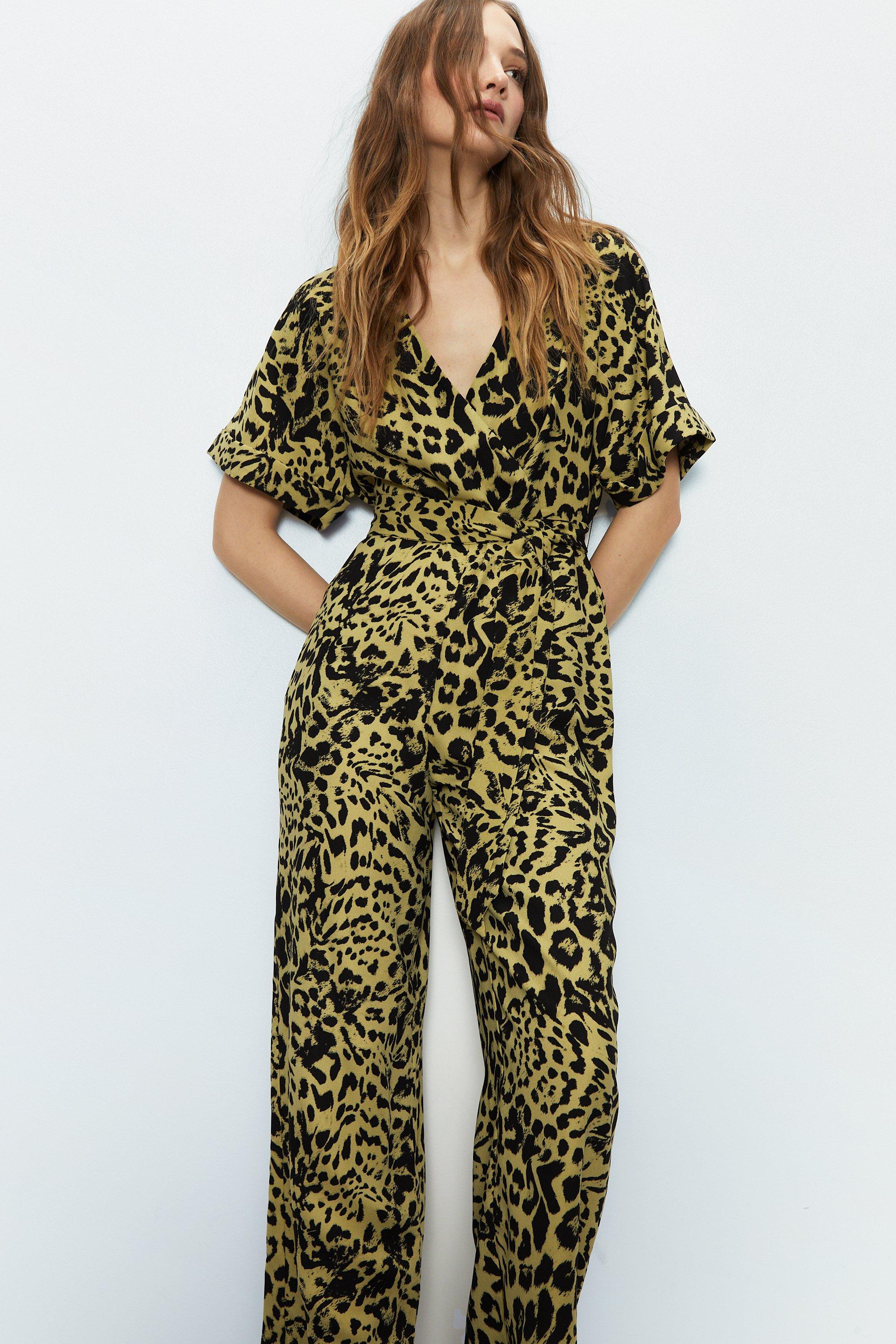 Womens Wrap Front Tie Waist Relaxed Jumpsuit - animal