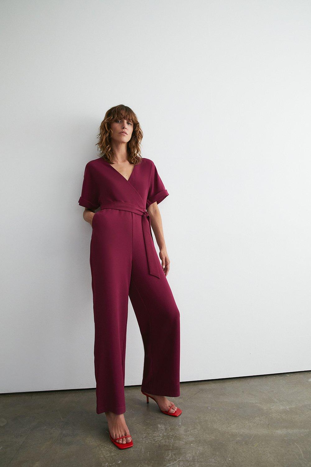 Womens Wrap Front Tie Waist Relaxed Jumpsuit - berry