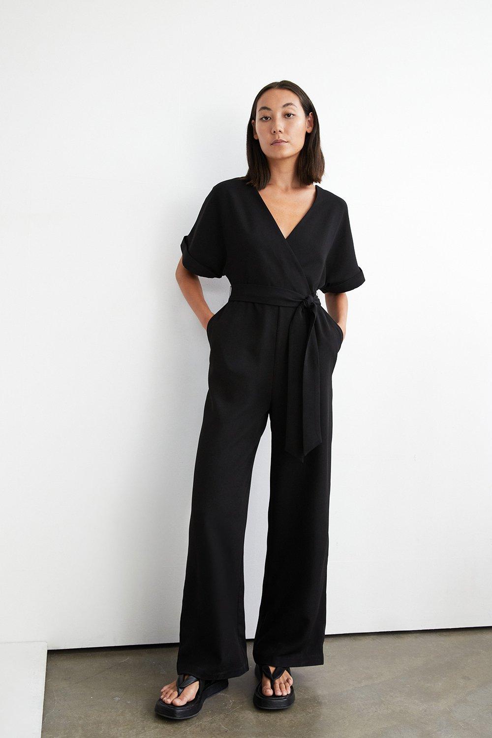 Womens Wrap Front Tie Waist Relaxed Jumpsuit - black