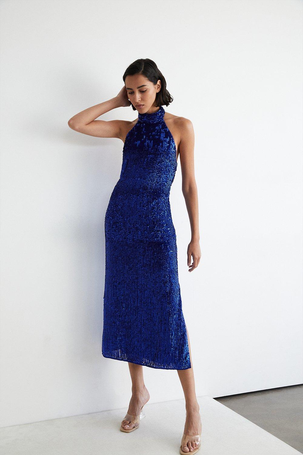 Womens Sequin Halter Neck Maxi Dress - blue