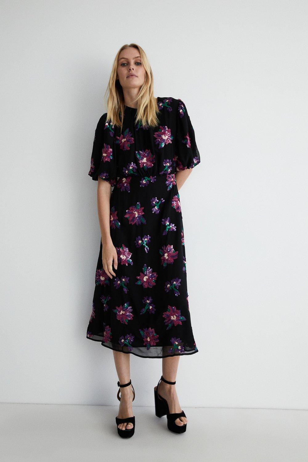 Womens Puff Sleeve Floral Maxi Dress - black