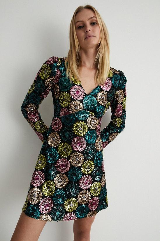Warehouse Floral Sequin Puff Sleeve V Neck Mini Dress 1