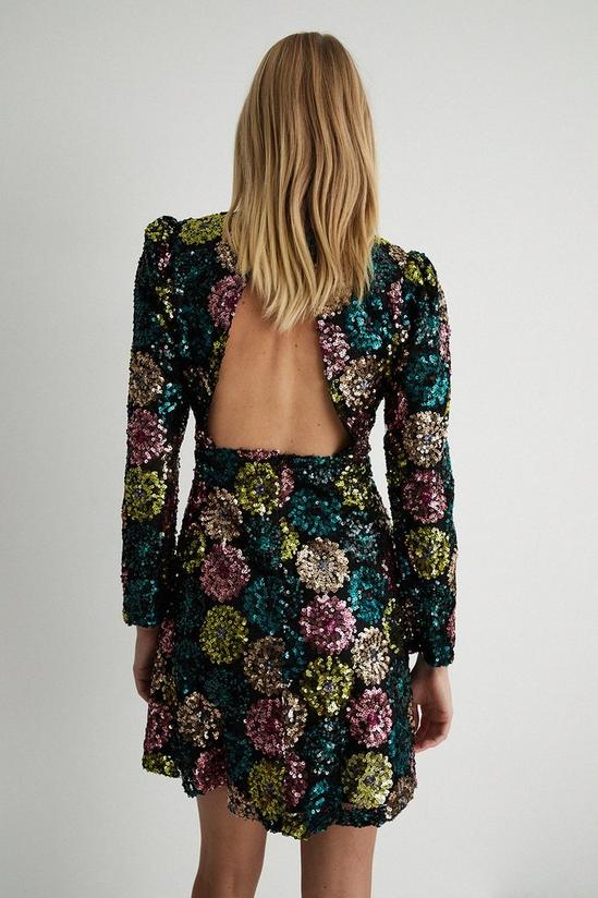Warehouse Floral Sequin Puff Sleeve V Neck Mini Dress 3