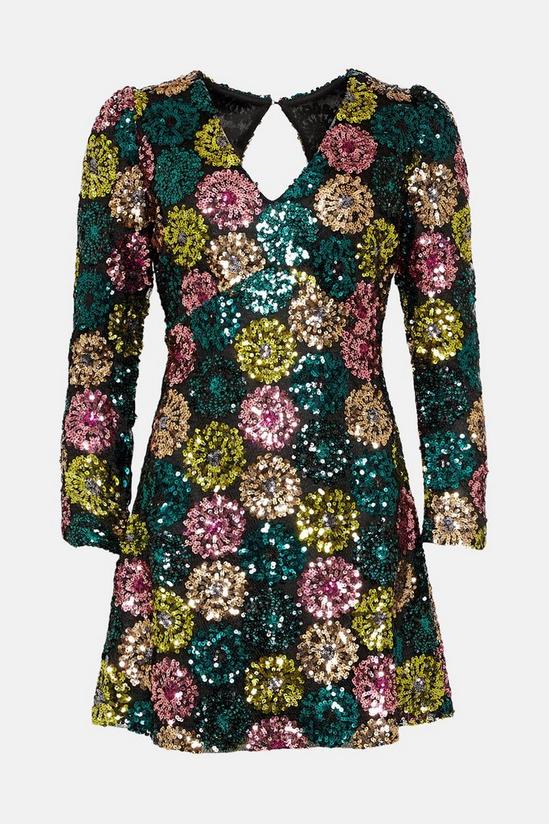 Warehouse Floral Sequin Puff Sleeve V Neck Mini Dress 4