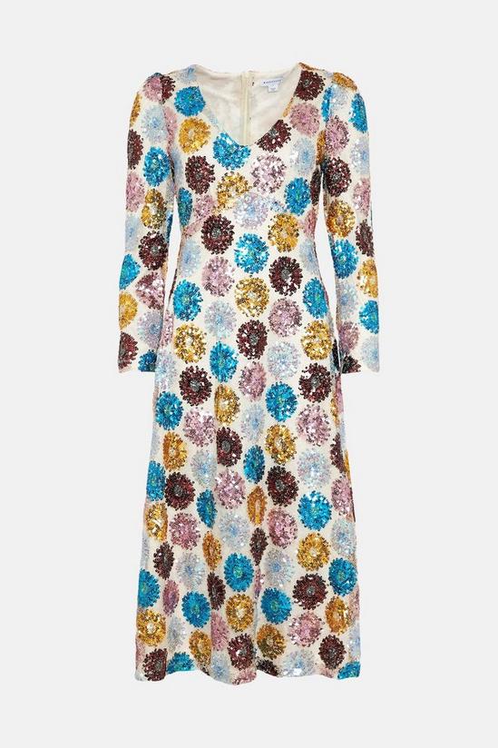 Warehouse Petite Floral Sequin Puff Sleeve V Neck Midi 4